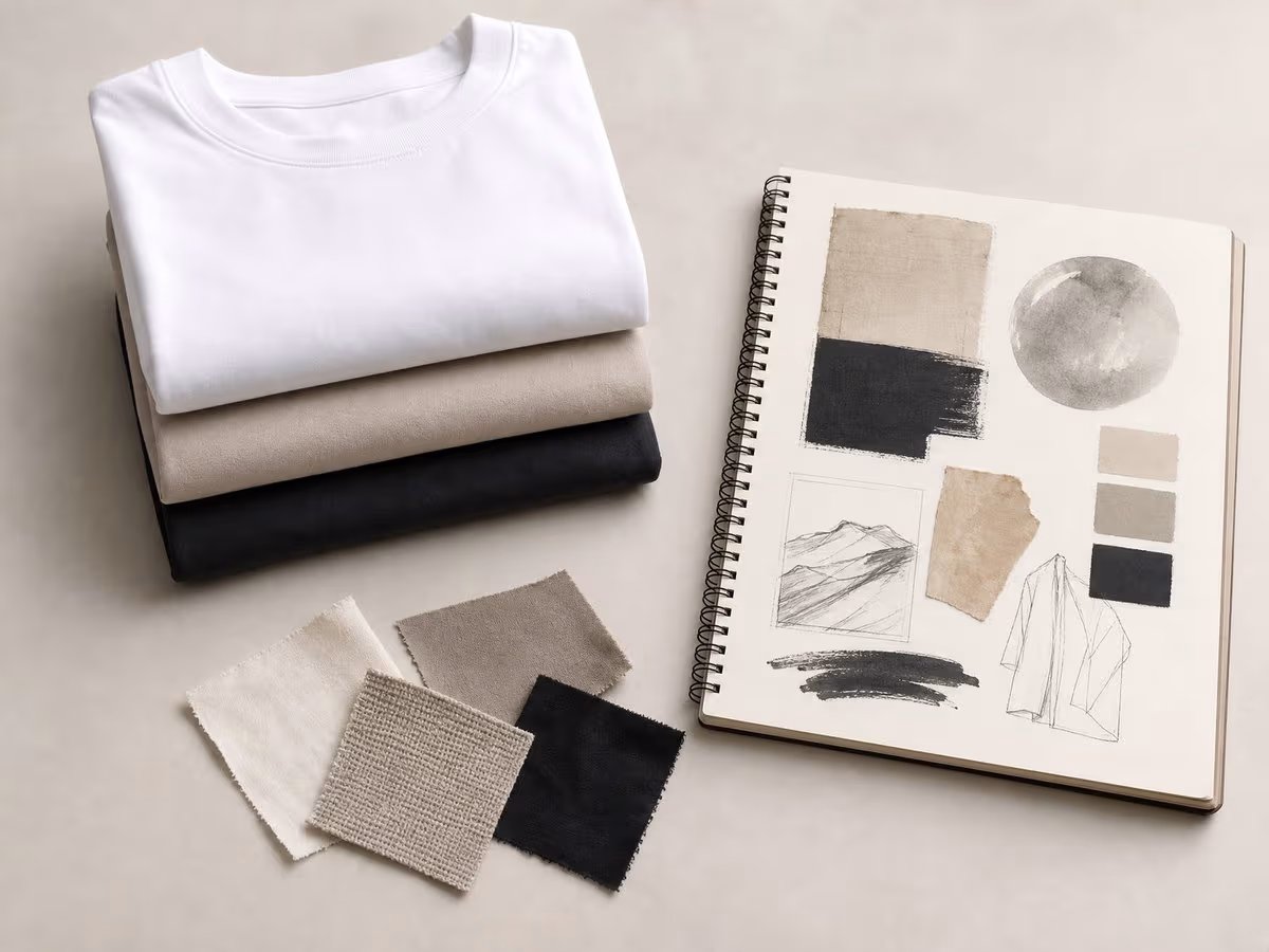 Three folded blank T-shirts beside a notebook with a brand sketch and fabric swatches.