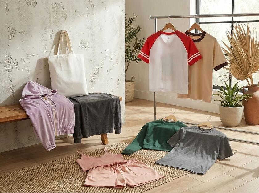 Folded t-shirts made by Collective Studio, a clothing manufacturer in Bangladesh, in soft natural light.